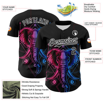 Custom Black White 3D Pattern Design Rave Psychedelic Elephant Authentic Baseball Jersey