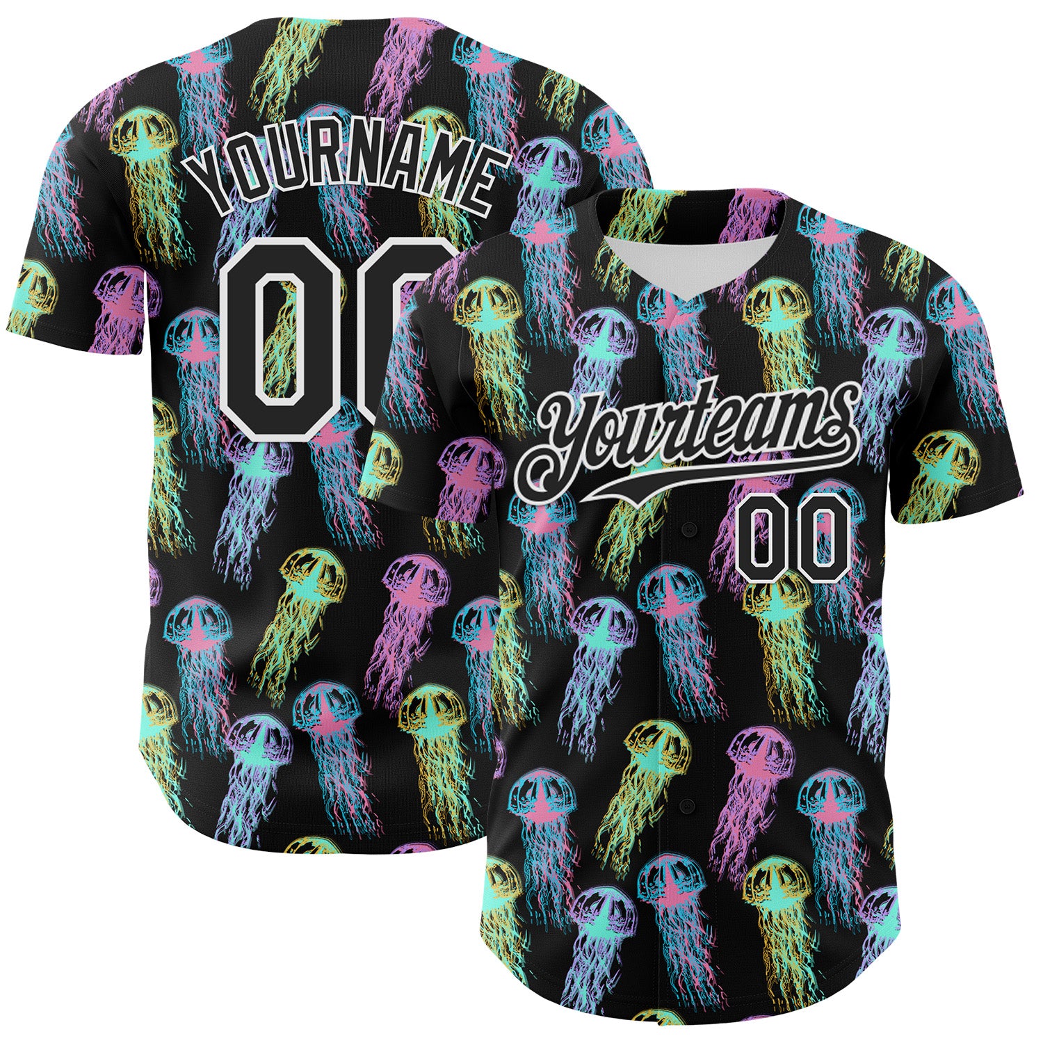 Custom Black White 3D Pattern Design Rave Psychedelic Jellyfish Authentic Baseball Jersey