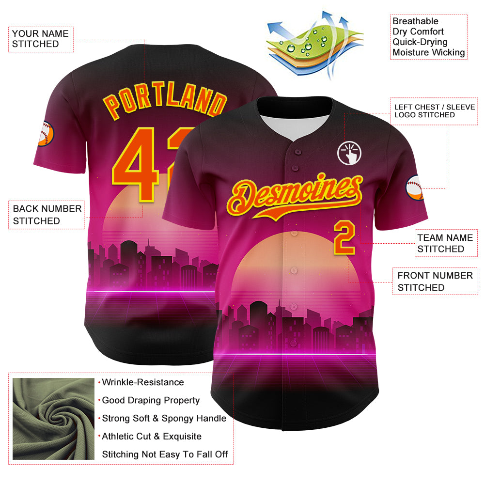 Custom Purple Orange-Light Yellow 3D Pattern Design Rave Psychedelic Futuristic Music Authentic Baseball Jersey