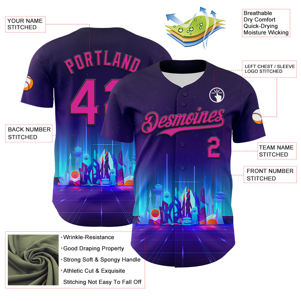 Custom Navy Deep Pink-Black 3D Pattern Design Rave Psychedelic Futuristic City Authentic Baseball Jersey