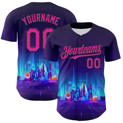 Custom Navy Deep Pink-Black 3D Pattern Design Rave Psychedelic Futuristic City Authentic Baseball Jersey