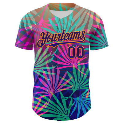 Custom Pink Dark Purple-Bay Orange 3D Pattern Design Rave Psychedelic Tropical Palm Leaves Authentic Baseball Jersey