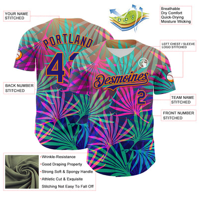 Custom Pink Dark Purple-Bay Orange 3D Pattern Design Rave Psychedelic Tropical Palm Leaves Authentic Baseball Jersey