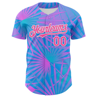 Custom Electric Blue Pink-White 3D Pattern Design Rave Psychedelic Tropical Palm Leaves Authentic Baseball Jersey