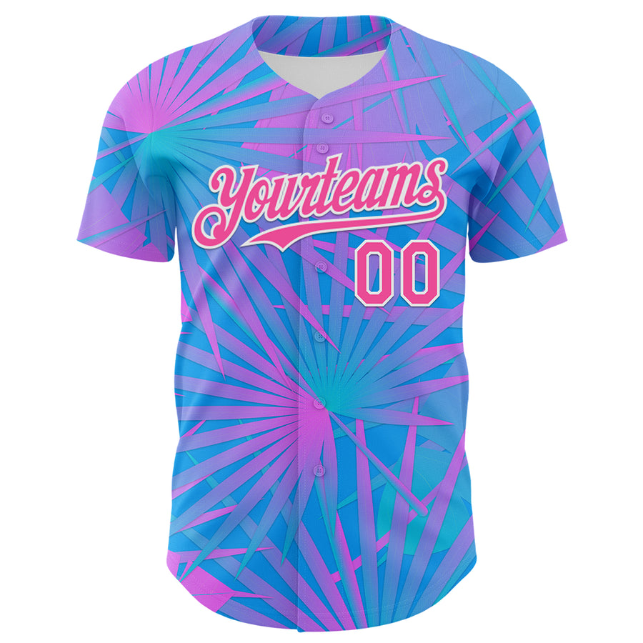 Custom Electric Blue Pink-White 3D Pattern Design Rave Psychedelic Tropical Palm Leaves Authentic Baseball Jersey