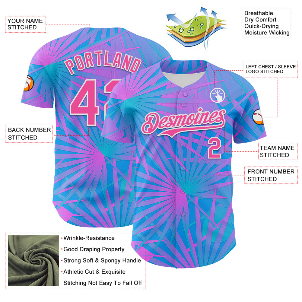 Custom Electric Blue Pink-White 3D Pattern Design Rave Psychedelic Tropical Palm Leaves Authentic Baseball Jersey