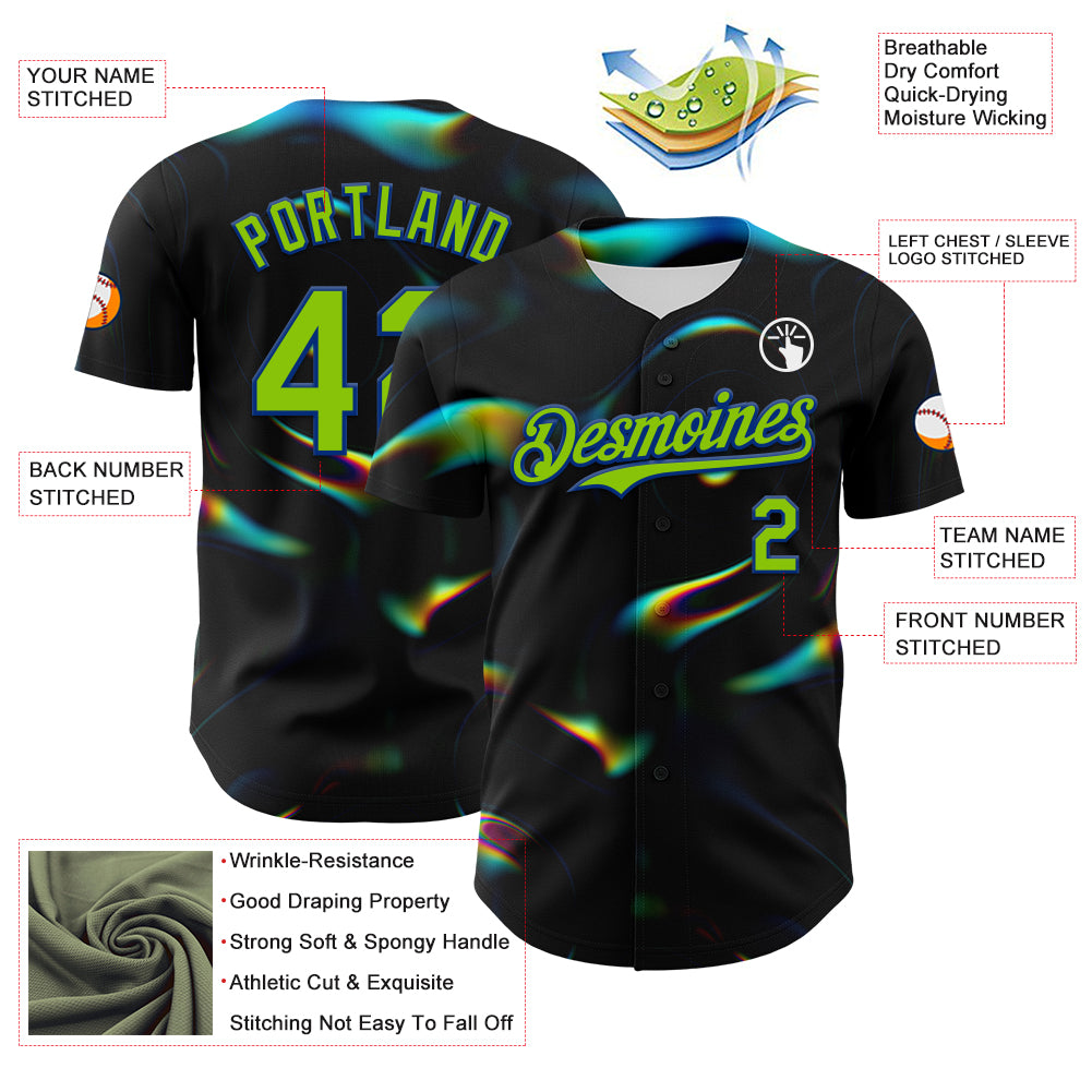 Custom Black Neon Green-Royal 3D Pattern Design Rave Psychedelic Holographic Vaporwave Style Authentic Baseball Jersey