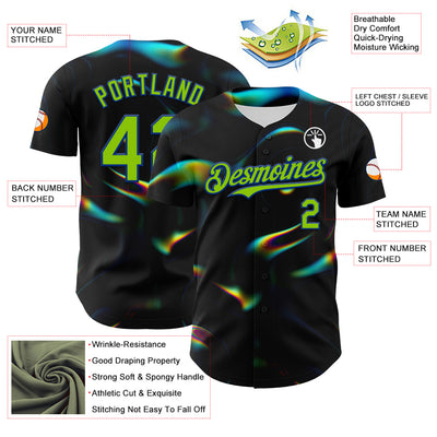 Custom Black Neon Green-Royal 3D Pattern Design Rave Psychedelic Holographic Vaporwave Style Authentic Baseball Jersey