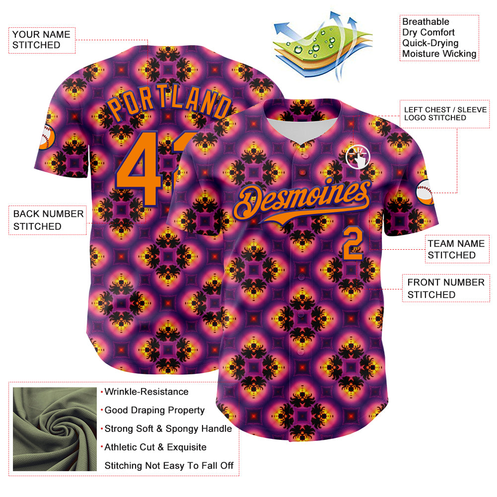 Custom Purple Bay Orange-Dark Purple 3D Pattern Design Rave Psychedelic Flower Authentic Baseball Jersey