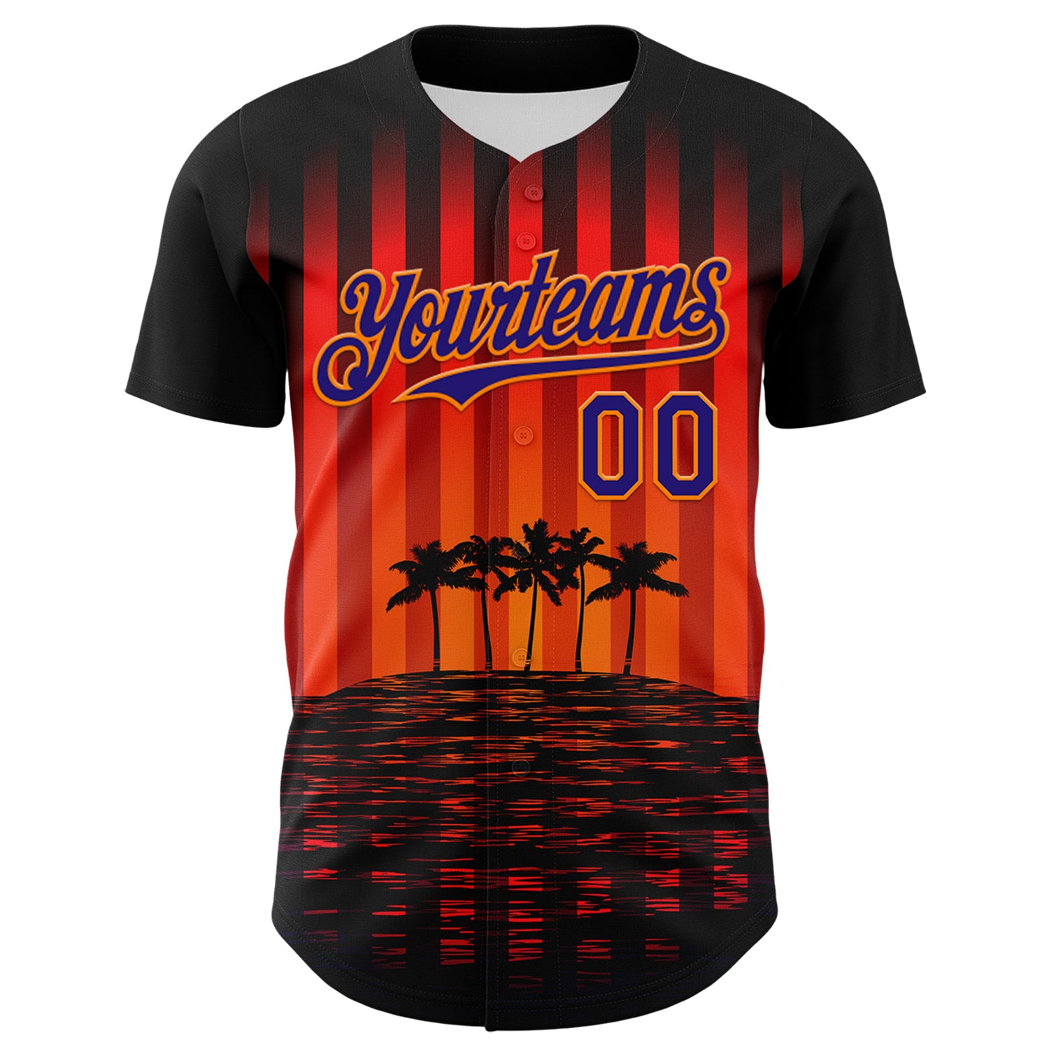Custom Black Dark Purple-Bay Orange 3D Pattern Design Rave Psychedelic Tropical Palm Tree Authentic Baseball Jersey