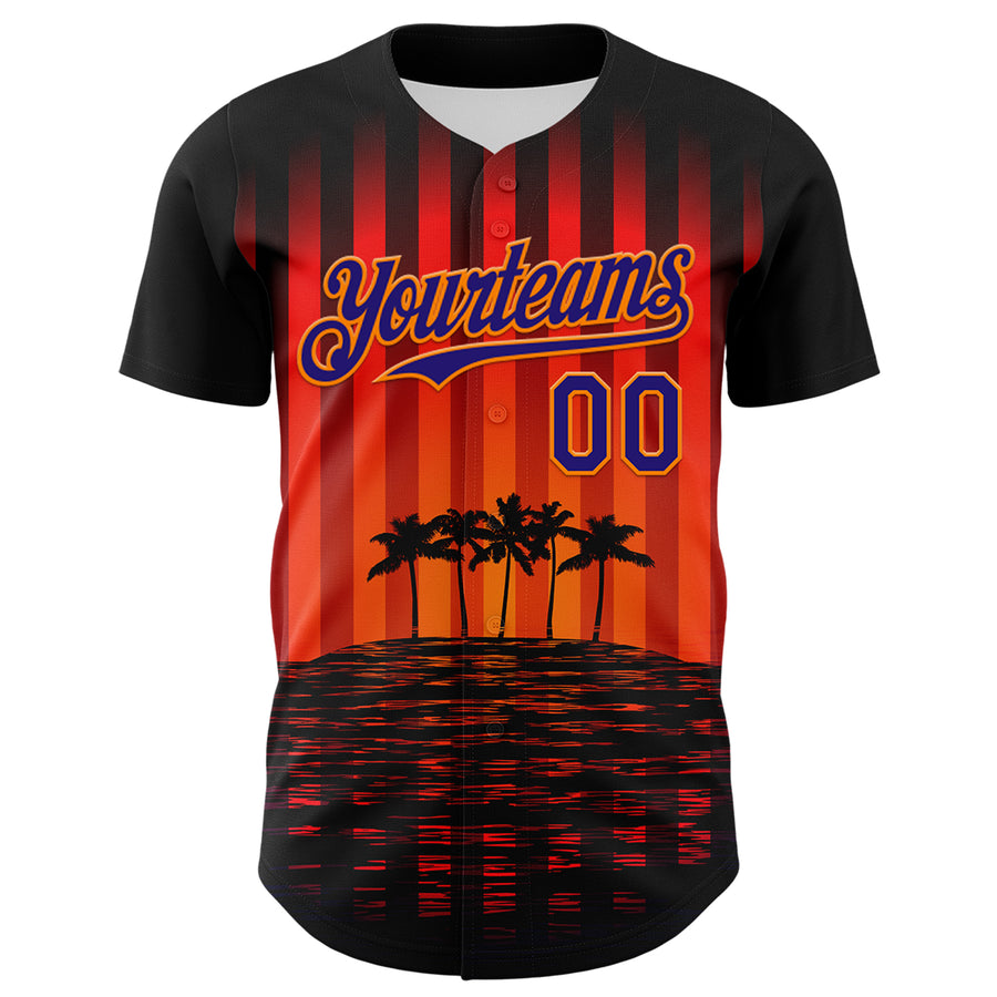 Custom Black Dark Purple-Bay Orange 3D Pattern Design Rave Psychedelic Tropical Palm Tree Authentic Baseball Jersey