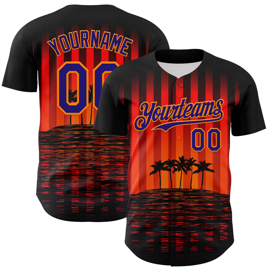 Custom Black Dark Purple-Bay Orange 3D Pattern Design Rave Psychedelic Tropical Palm Tree Authentic Baseball Jersey