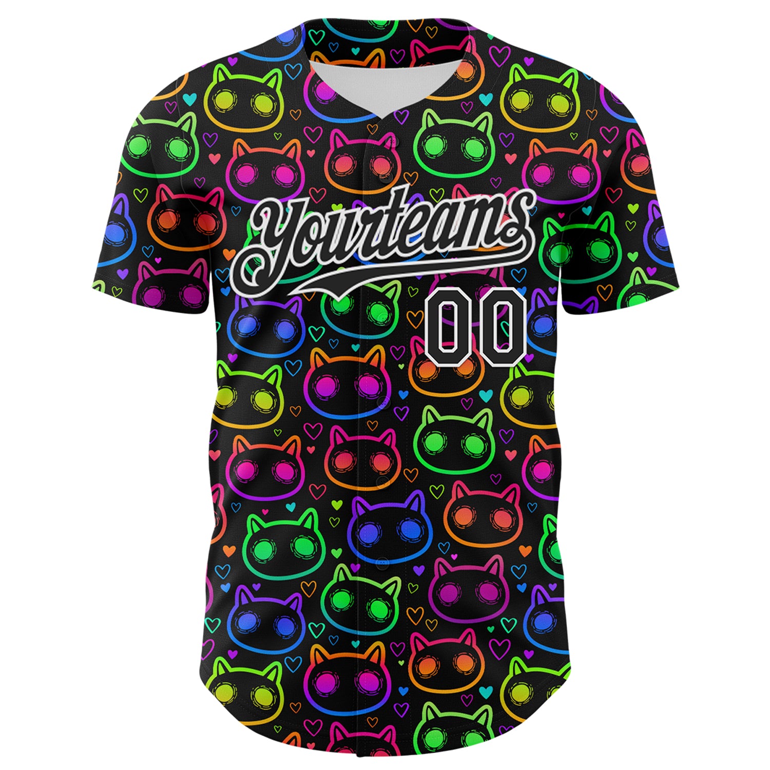 Custom Black White 3D Pattern Design Rave Psychedelic Neon Cartoon Cat Authentic Baseball Jersey