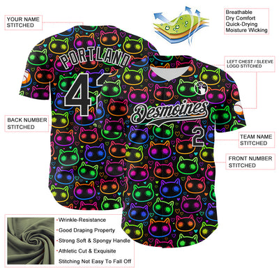 Custom Black White 3D Pattern Design Rave Psychedelic Neon Cartoon Cat Authentic Baseball Jersey