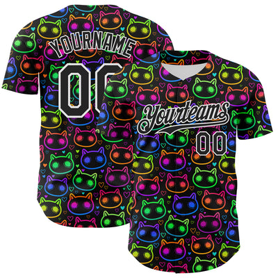 Custom Black White 3D Pattern Design Rave Psychedelic Neon Cartoon Cat Authentic Baseball Jersey