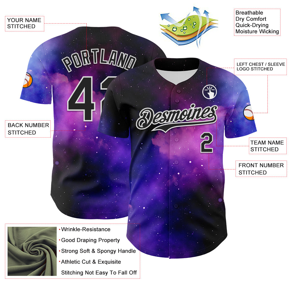Custom Black White 3D Pattern Design Rave Psychedelic Space Galaxy Star Authentic Baseball Jersey