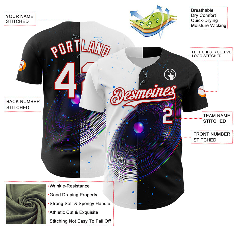 Custom Black White-Red 3D Pattern Design Space Galaxy Star Authentic Baseball Jersey