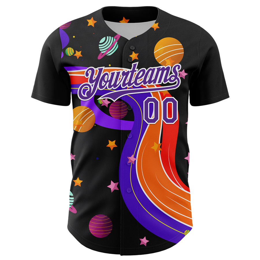Custom Black Purple-White 3D Pattern Design Space Galaxy Star Authentic Baseball Jersey