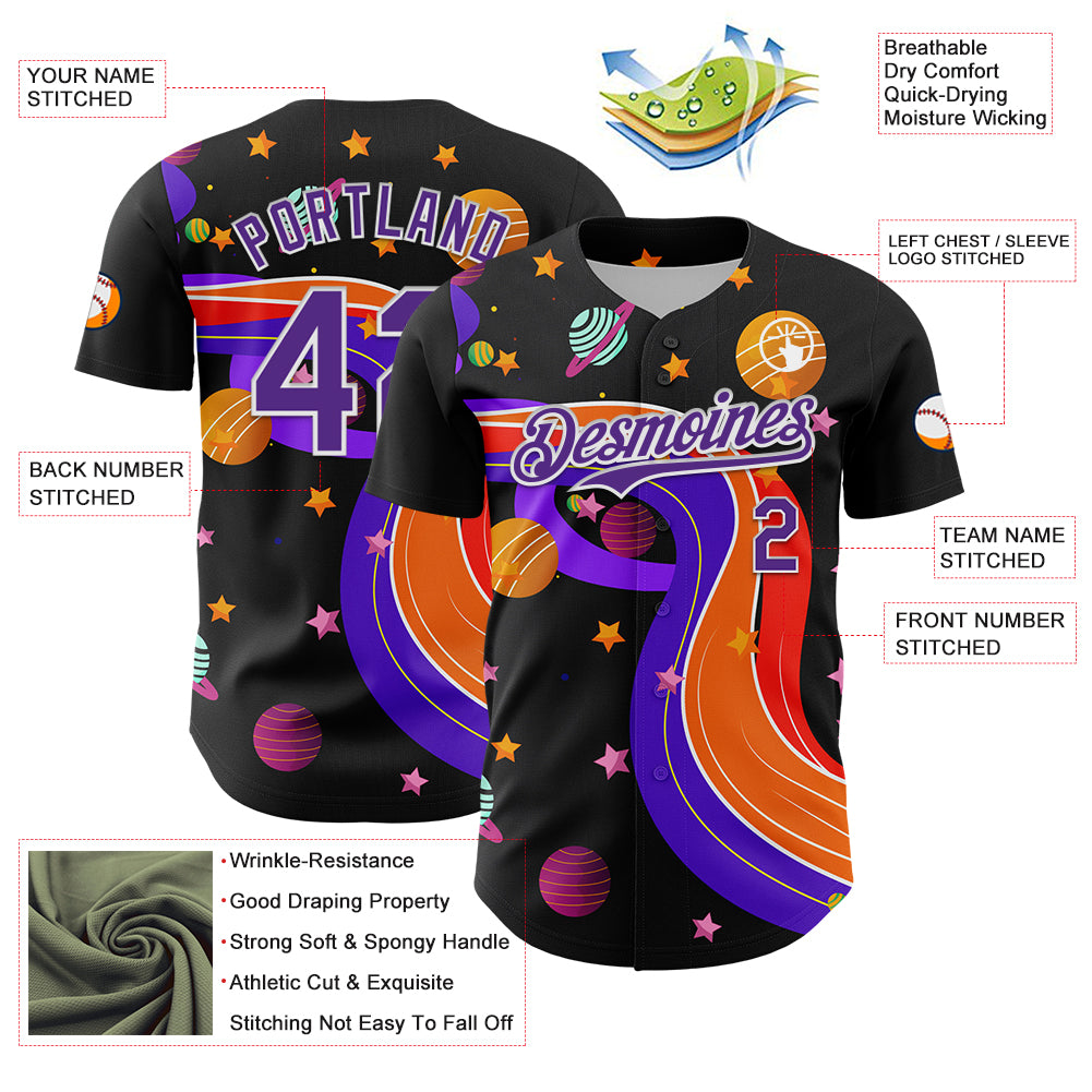 Custom Black Purple-White 3D Pattern Design Space Galaxy Star Authentic Baseball Jersey