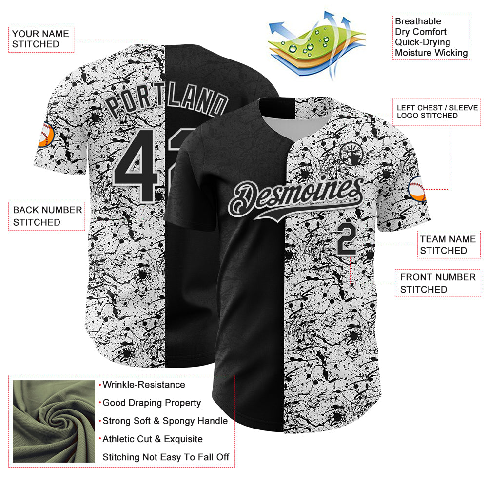 Custom White Black 3D Pattern Design Graffiti Splash Ink Authentic Baseball Jersey