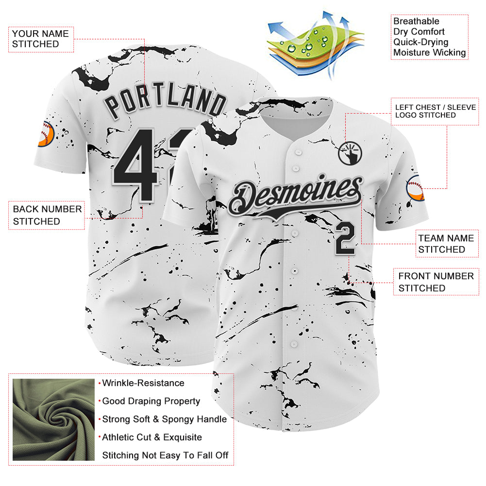 Custom White Black 3D Pattern Design Graffiti Splash Ink Authentic Baseball Jersey