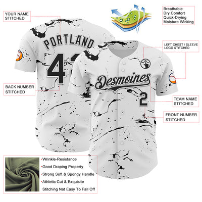 Custom White Black 3D Pattern Design Graffiti Splash Ink Authentic Baseball Jersey