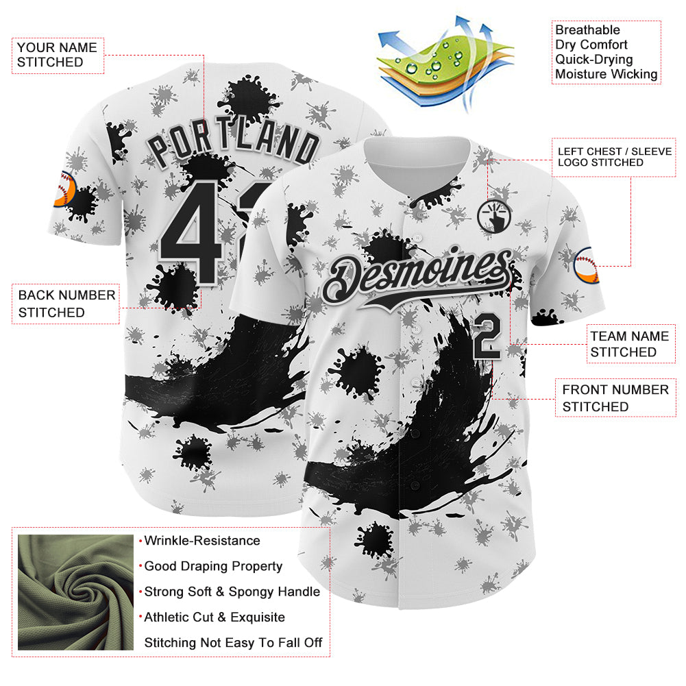 Custom White Black 3D Pattern Design Graffiti Splash Ink Authentic Baseball Jersey