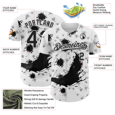 Custom White Black 3D Pattern Design Graffiti Splash Ink Authentic Baseball Jersey
