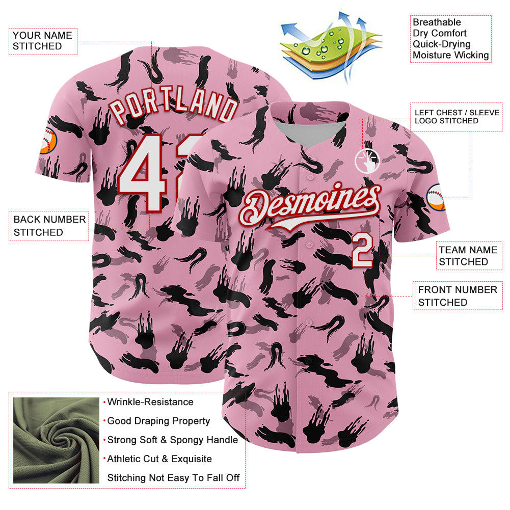 Custom Light Pink White-Red 3D Pattern Design Graffiti Ink Brush Stroke Authentic Baseball Jersey
