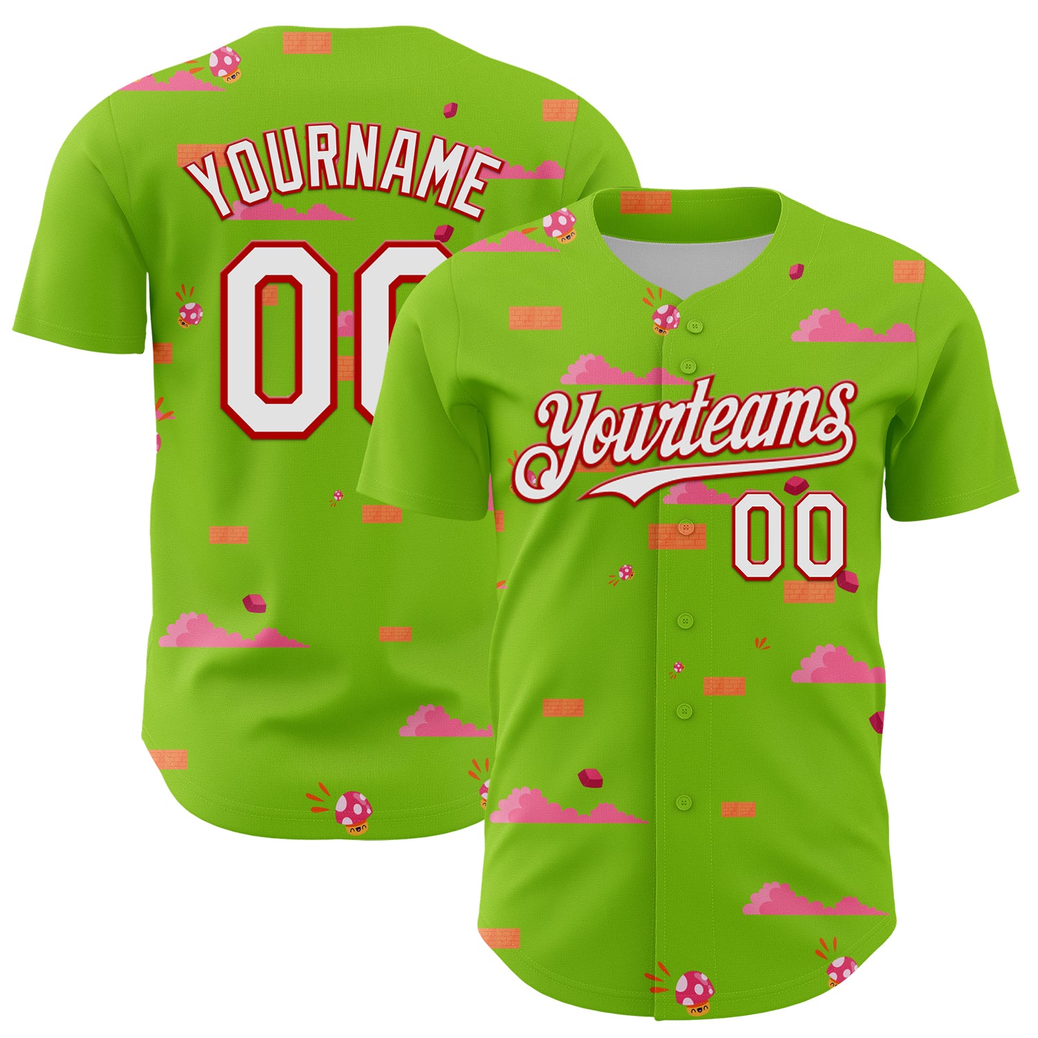 Custom Neon Green White-Red 3D Pattern Design Retro Pixel Arcade Game Authentic Baseball Jersey