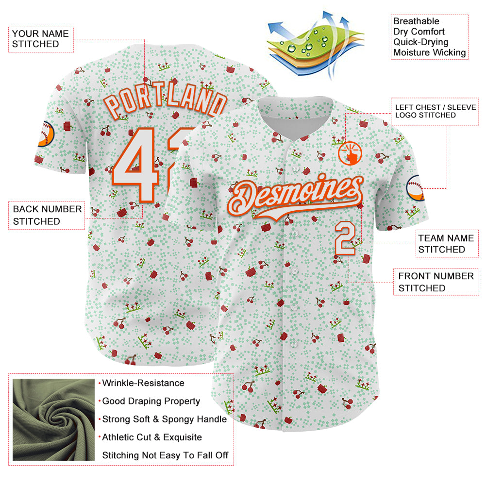 Custom White Orange 3D Pattern Design Retro Pixel Arcade Game Authentic Baseball Jersey
