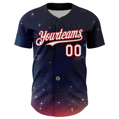 Custom Navy White-Red 3D Pattern Design Space Galaxy Star Authentic Baseball Jersey