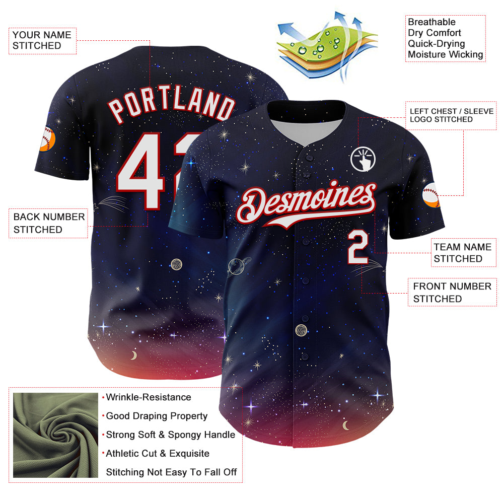Custom Navy White-Red 3D Pattern Design Space Galaxy Star Authentic Baseball Jersey