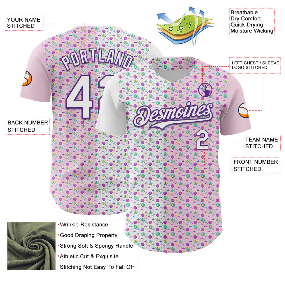 Custom Light Pink White-Purple 3D Pattern Design Pixel Universe Authentic Baseball Jersey