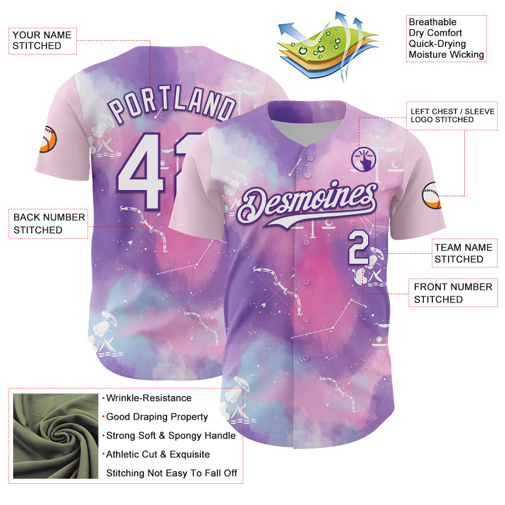 Custom Purple White 3D Pattern Design Constellation Space Galaxy Star Authentic Baseball Jersey