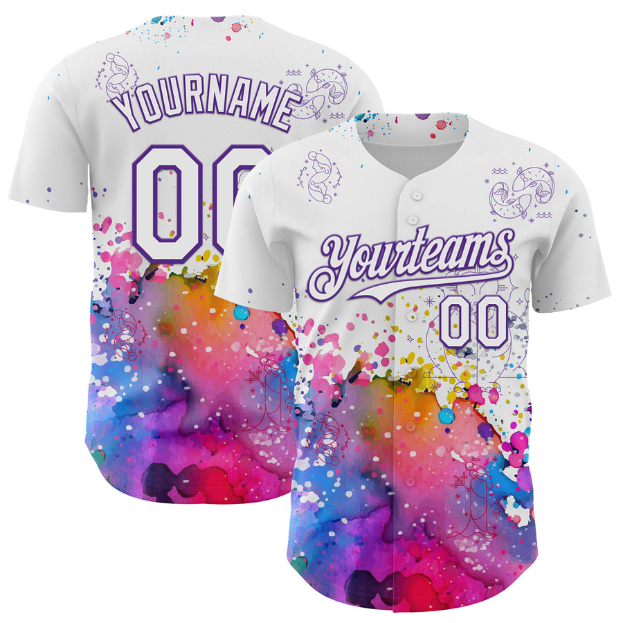 Custom White Purple 3D Pattern Design Graffiti Splash And Constellation Space Galaxy Star Authentic Baseball Jersey