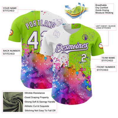 Custom Neon Green White-Purple 3D Pattern Design Graffiti Splash And Constellation Space Galaxy Star Authentic Baseball Jersey