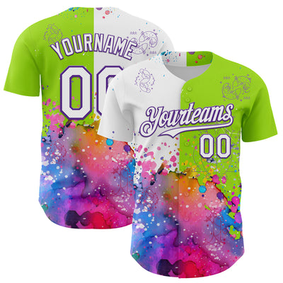 Custom Neon Green White-Purple 3D Pattern Design Graffiti Splash And Constellation Space Galaxy Star Authentic Baseball Jersey