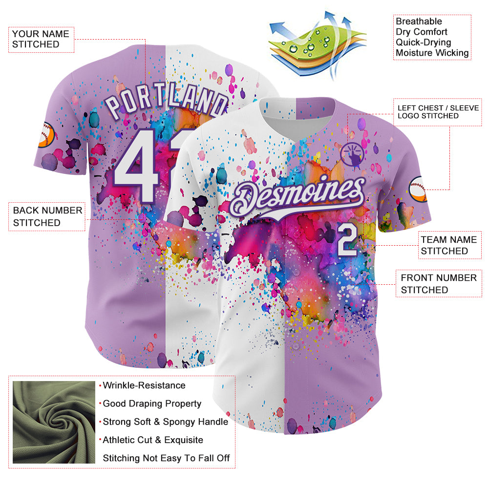 Custom Light Purple White-Purple 3D Pattern Design Graffiti Splash Authentic Baseball Jersey