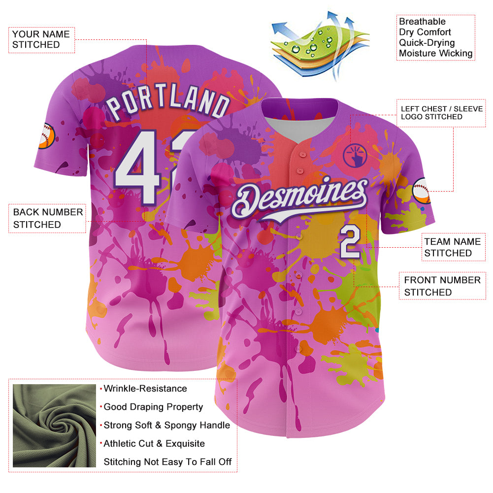 Custom Purple White 3D Pattern Design Graffiti Splash Authentic Baseball Jersey