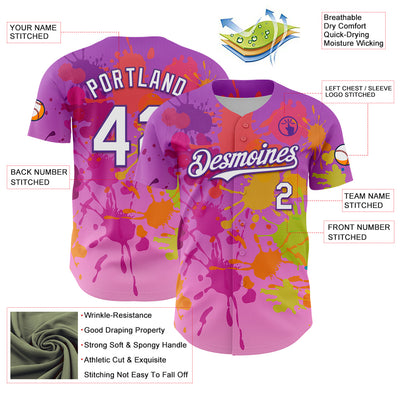 Custom Purple White 3D Pattern Design Graffiti Splash Authentic Baseball Jersey