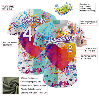 Custom White Ice Blue-Purple 3D Pattern Design Graffiti Splash Authentic Baseball Jersey
