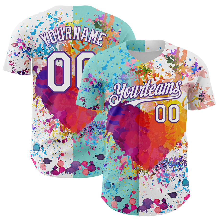 Custom White Ice Blue-Purple 3D Pattern Design Graffiti Splash Authentic Baseball Jersey