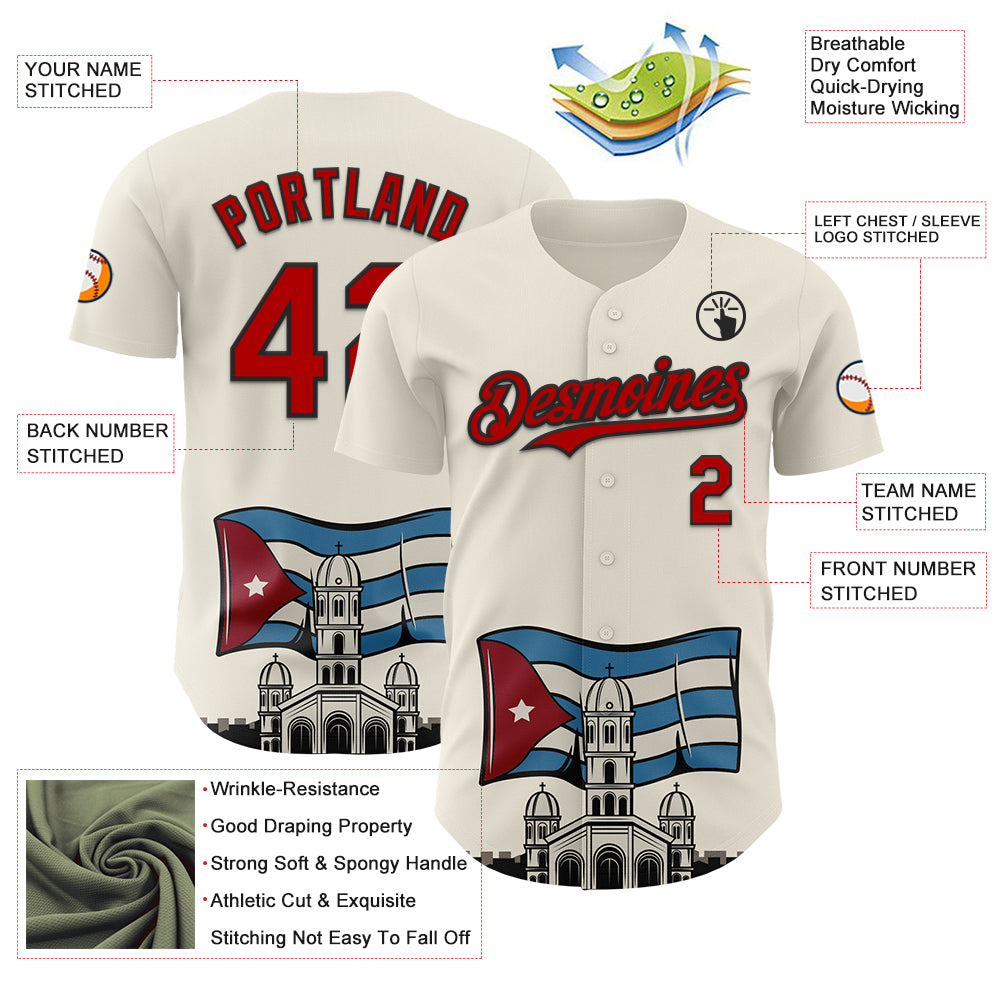 Custom Cream Red-Black 3D Cuba Santiago Cuban Flag Authentic Baseball Jersey