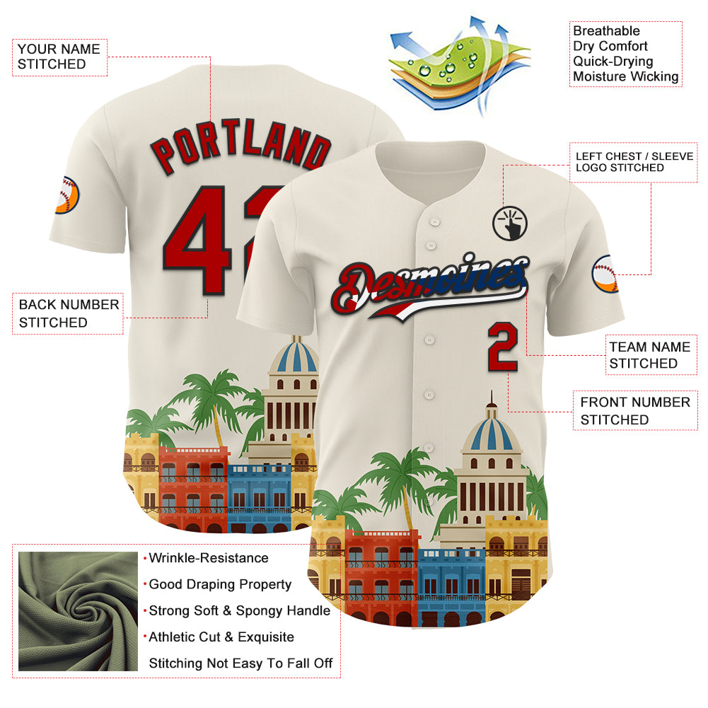 Custom Cream Red Black-Cuban Flag 3D Cuba Havana Authentic Baseball Jersey