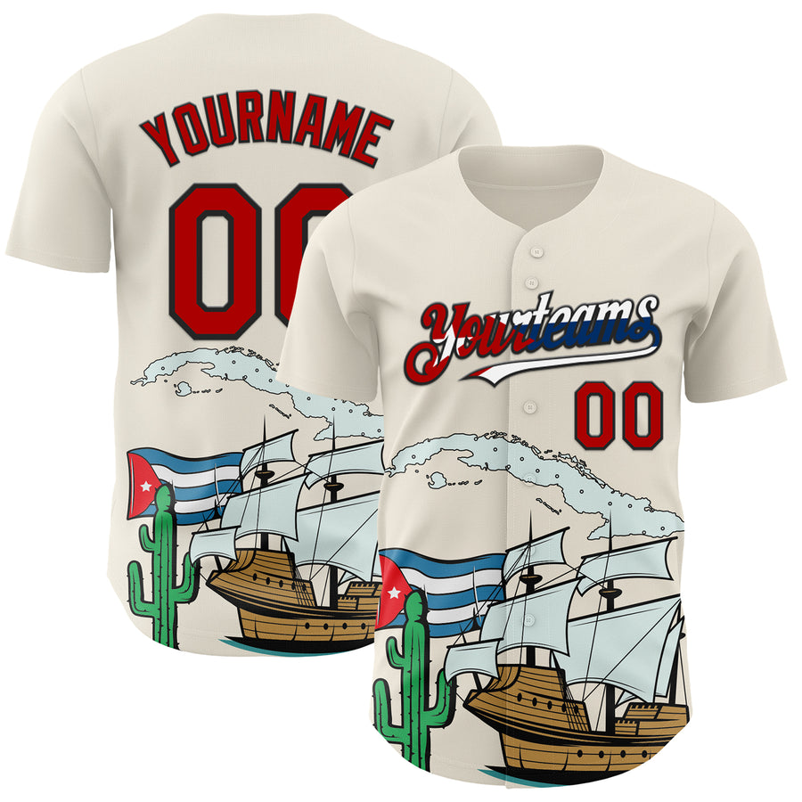 Custom Cream Red Black-Cuban Flag 3D Cuba Authentic Baseball Jersey