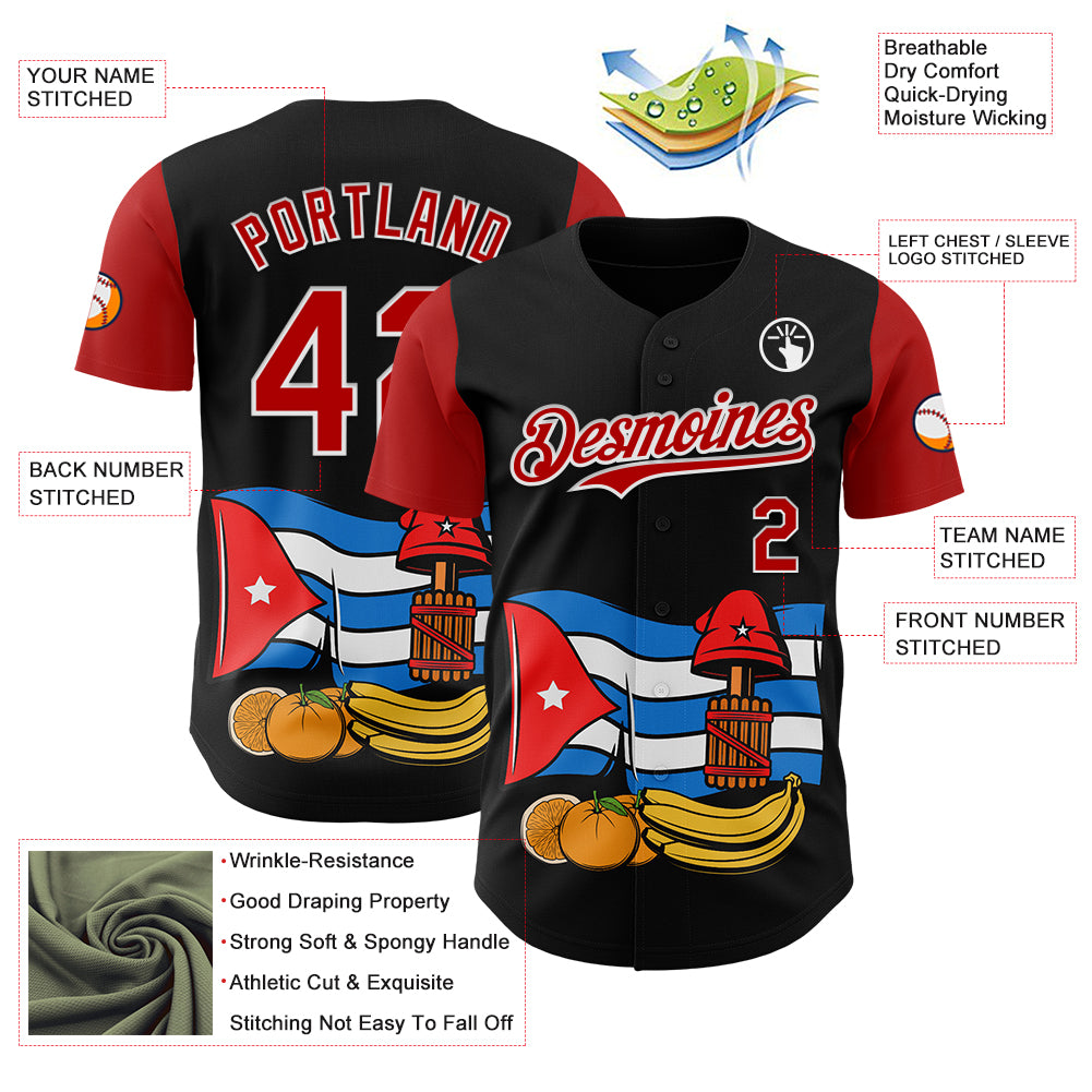 Custom Black Red-White 3D Cuba Cuban Flag Authentic Baseball Jersey