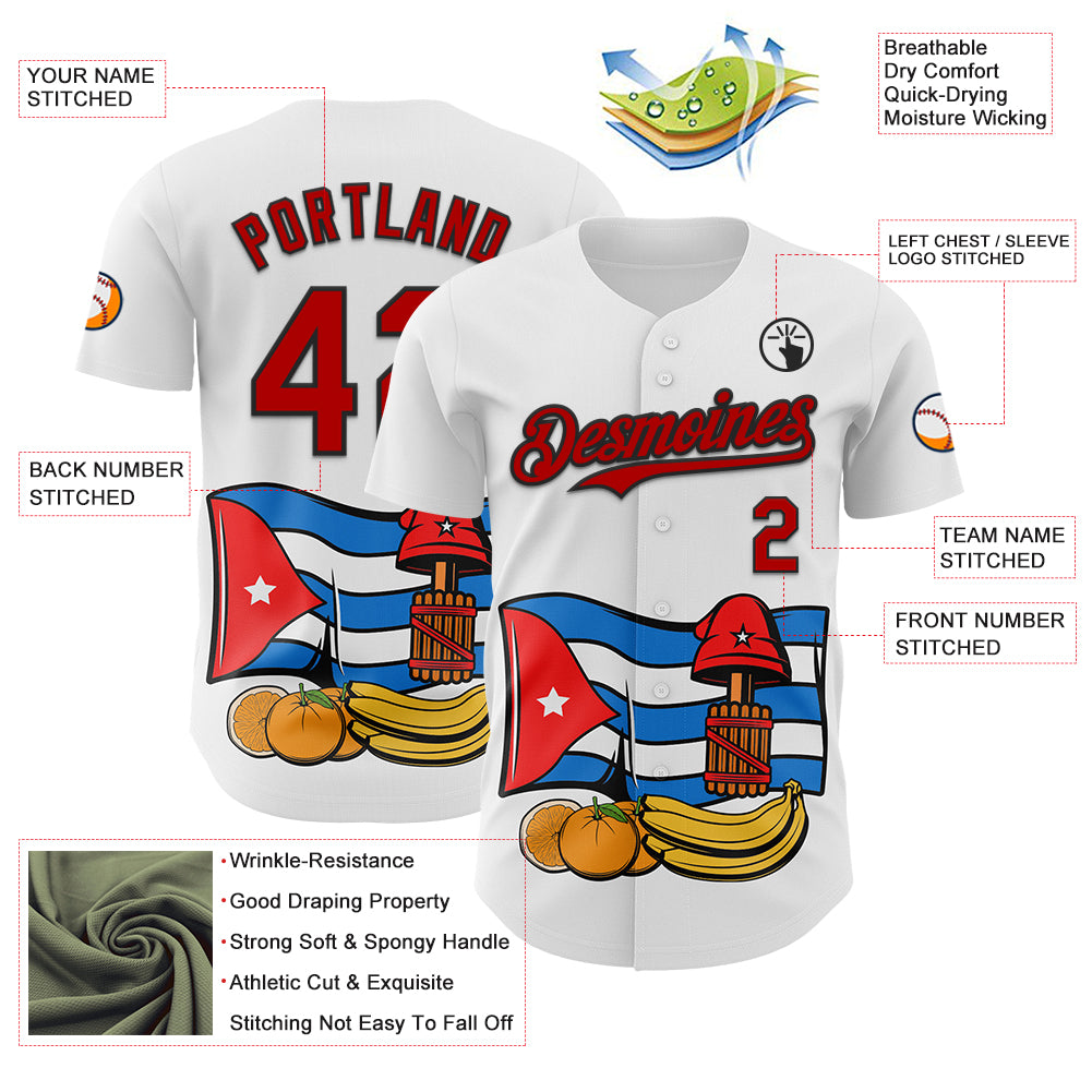 Custom White Red-Black 3D Cuba Cuban Flag Authentic Baseball Jersey