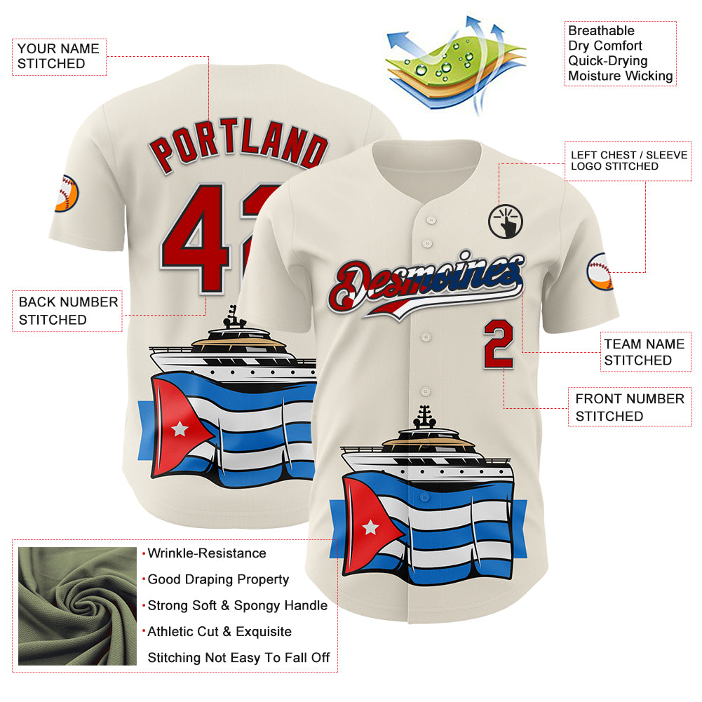 Custom Cream Red Black White-Cuban Flag 3D Cuba Authentic Baseball Jersey