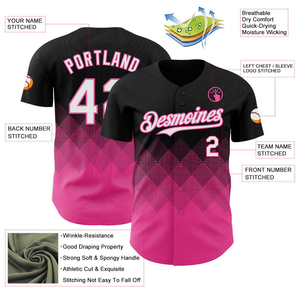 Custom Black White-Pink 3D Gradient Square Shape Authentic Baseball Jersey